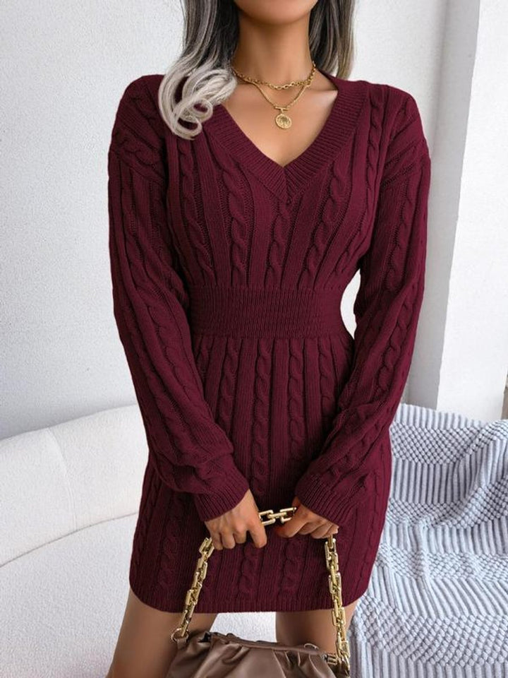 Women's Knitted Dress – Cable-Knit V-Neck