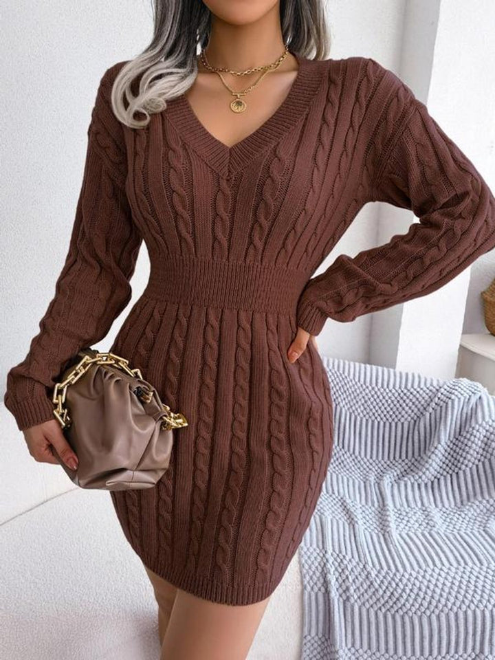 Women's Knitted Dress – Cable-Knit V-Neck