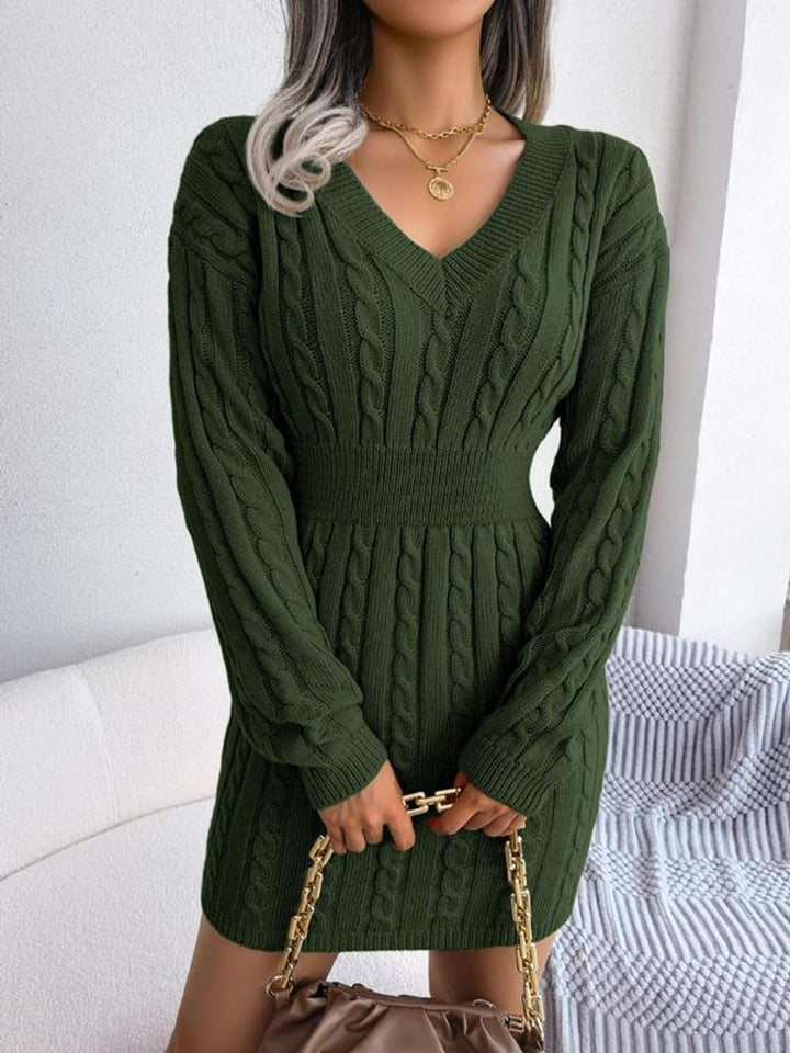 Women's Knitted Dress – Cable-Knit V-Neck