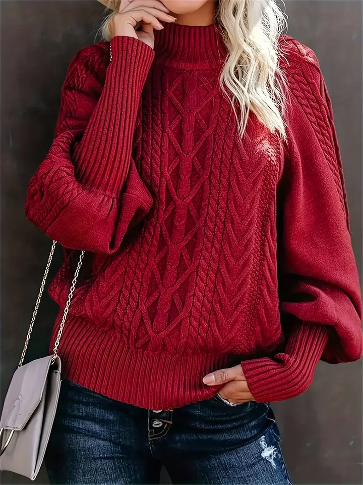 Women's Cable Pattern Knit Sweater – Mock-Neck And Balloon Sleeves