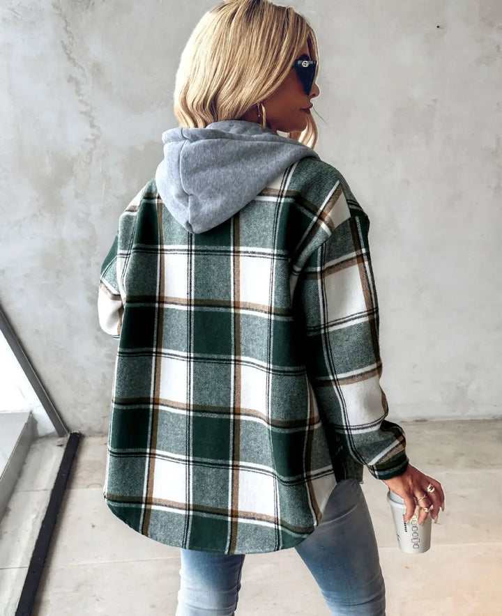 Women's Checkered Hooded Jacket – Button-Front And Long Sleeves