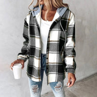Women's Checkered Hooded Jacket – Button-Front And Long Sleeves