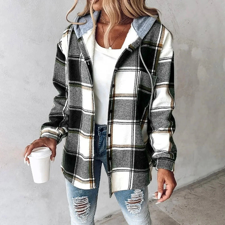 Women's Checkered Hooded Jacket – Button-Front And Long Sleeves