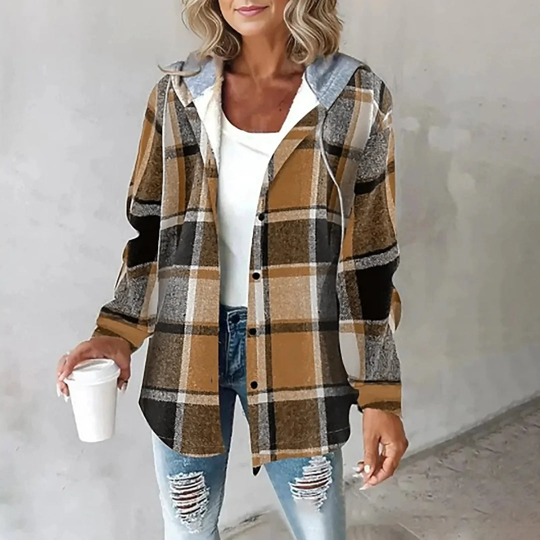 Women's Checkered Hooded Jacket – Button-Front And Long Sleeves