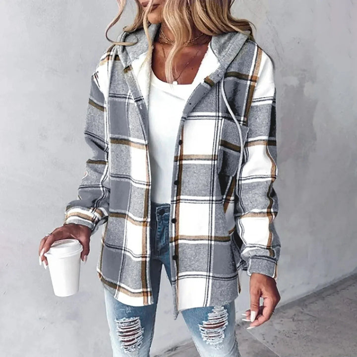 Women's Checkered Hooded Jacket – Button-Front And Long Sleeves
