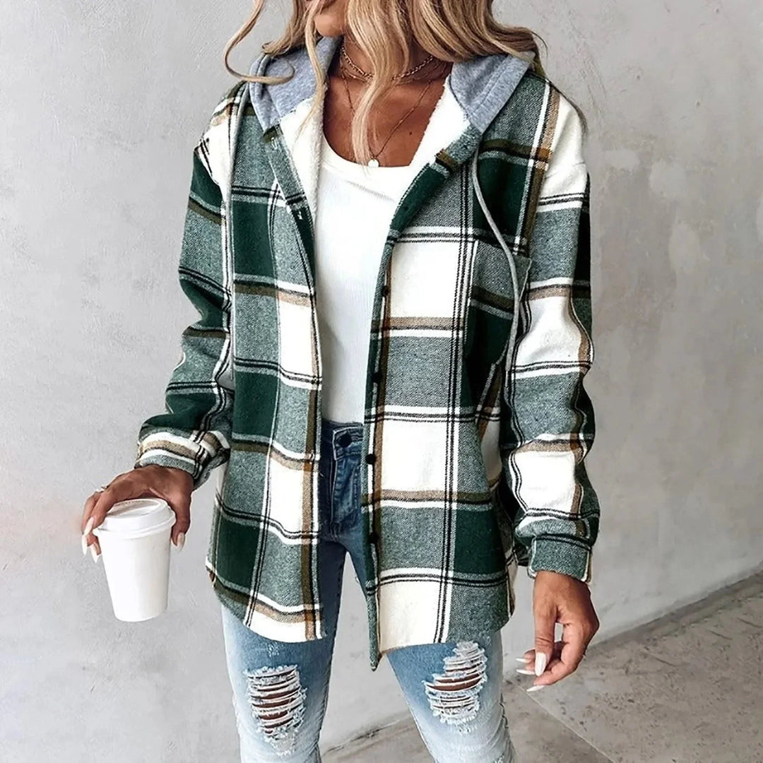 Women's Checkered Hooded Jacket – Button-Front And Long Sleeves
