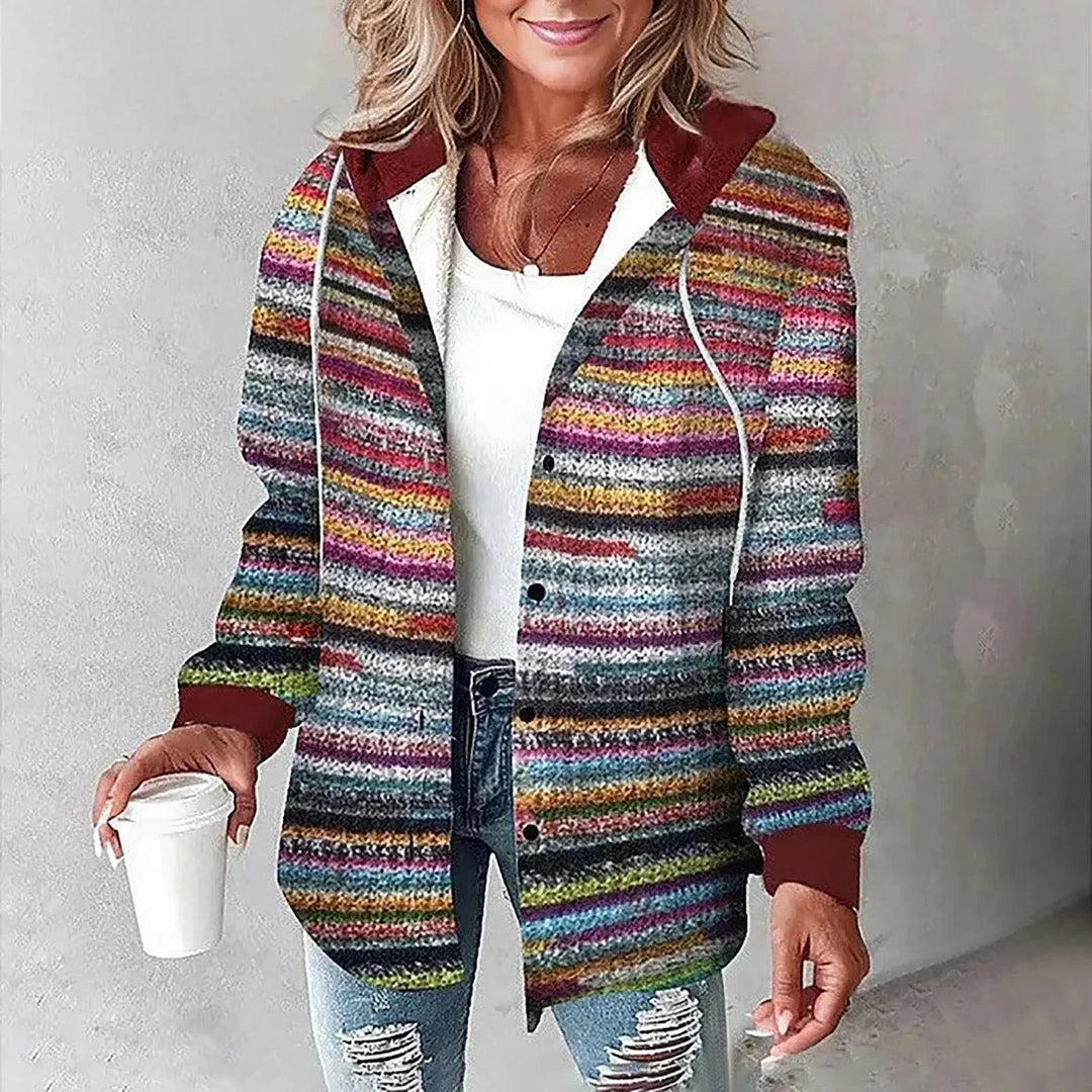 Women's Checkered Hooded Jacket – Button-Front And Long Sleeves