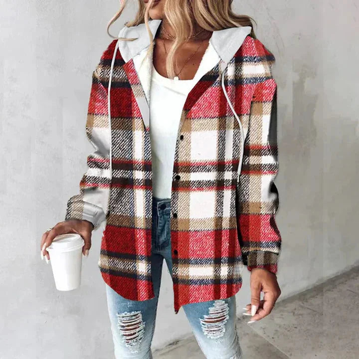 Women's Checkered Hooded Jacket – Button-Front And Long Sleeves