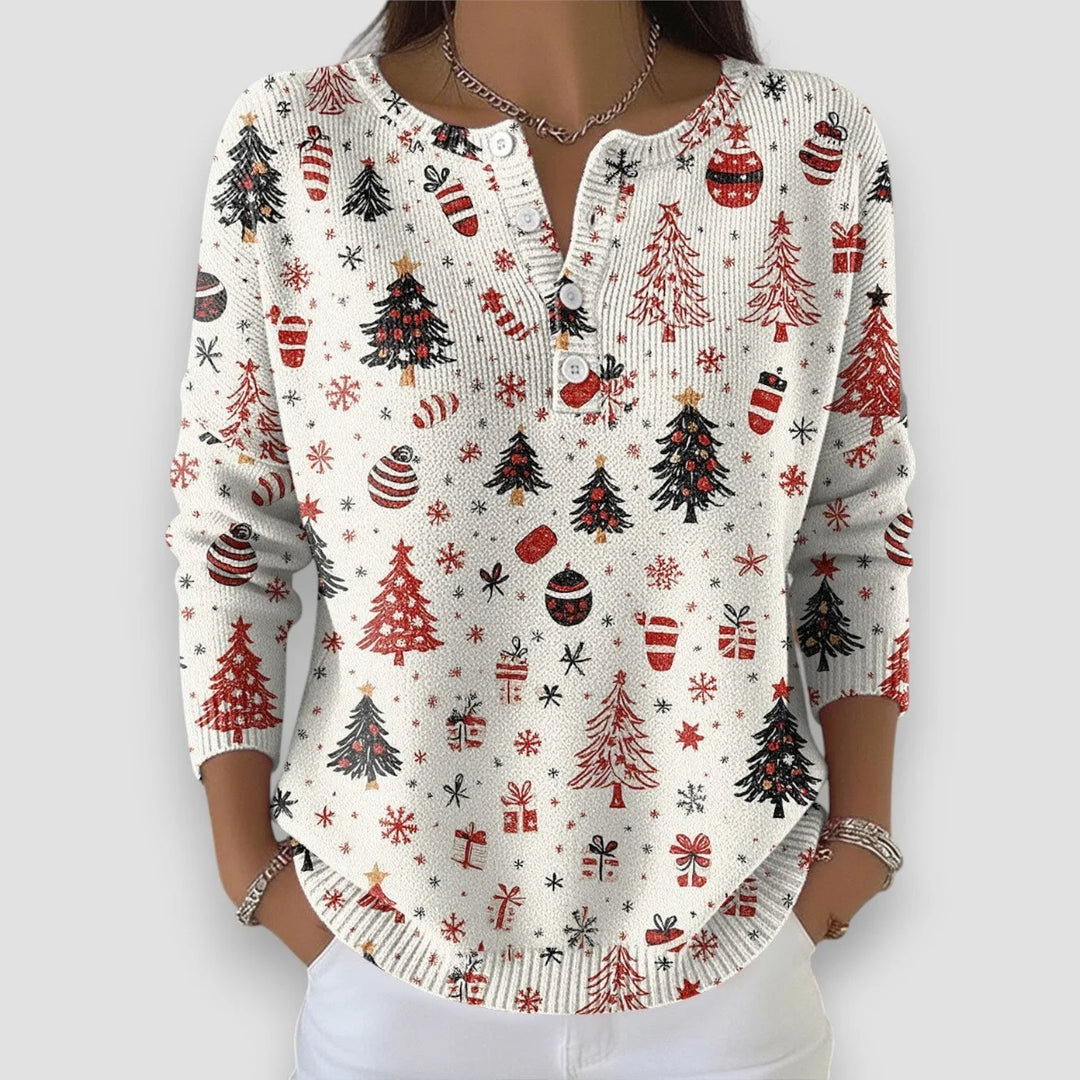 Women's Christmas Knit Sweater – Henley Button-Front Neckline And 3/4-Sleeves