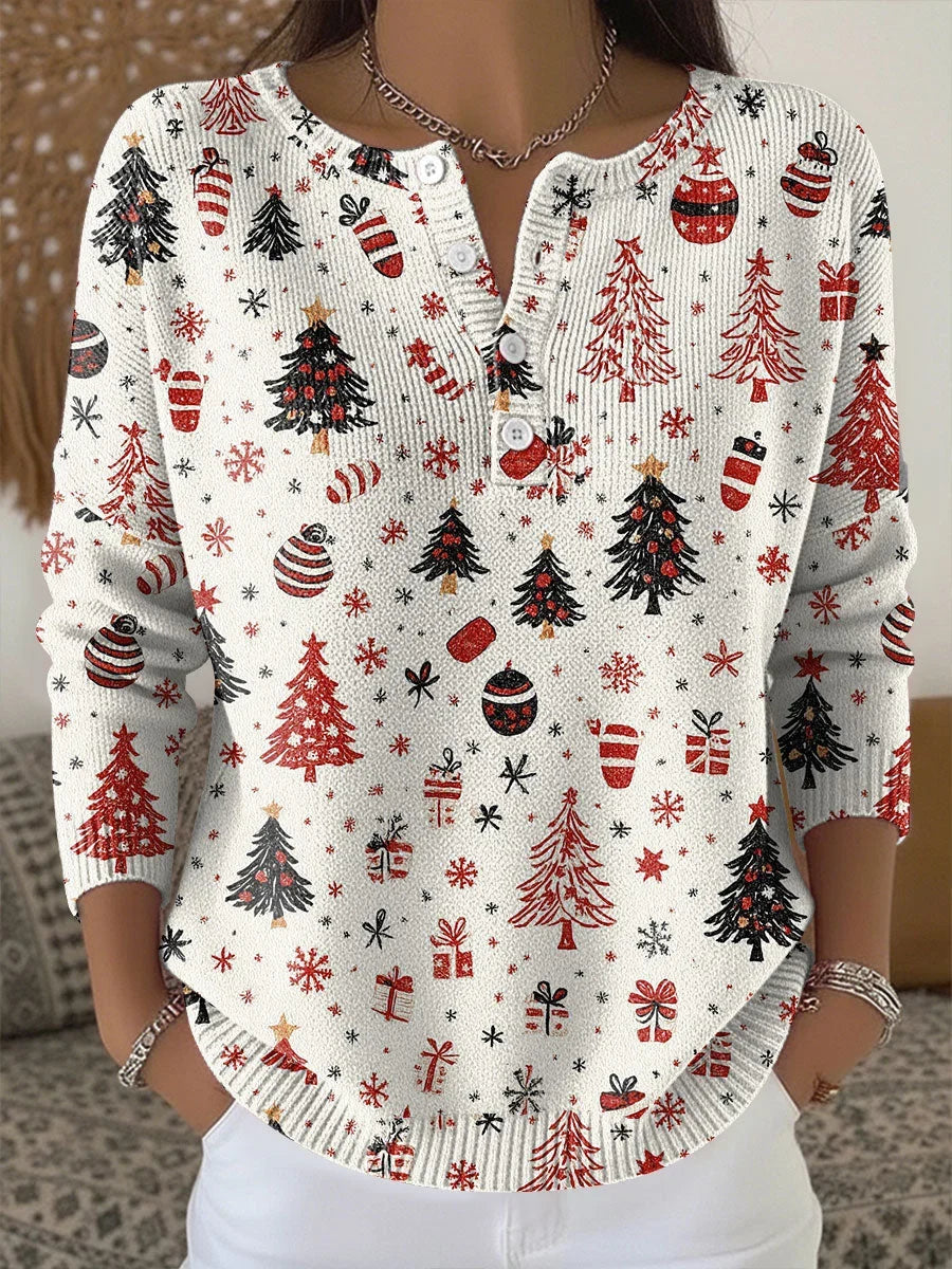 Women's Christmas Knit Sweater – Henley Button-Front Neckline And 3/4-Sleeves