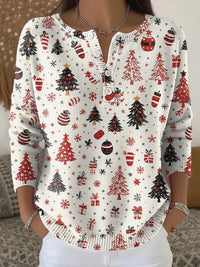 Women's Christmas Knit Sweater – Henley Button-Front Neckline And 3/4-Sleeves