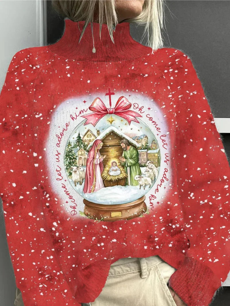 Women's Christmas Nativity Print Knit Sweater – Long Sleeves And Turtleneck