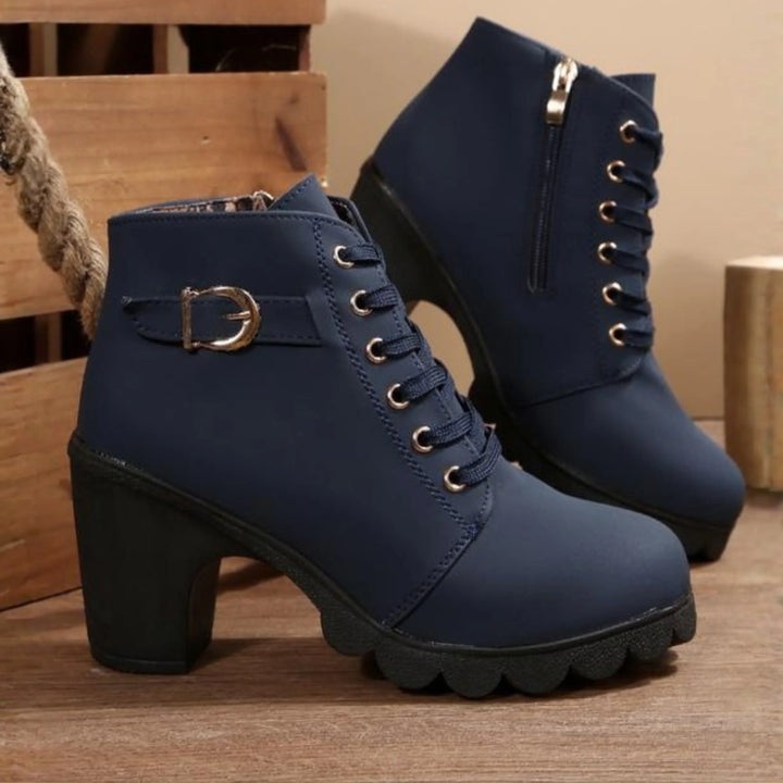 Women's Chunky Ankle Boots – Lace-Up Front And Buckle Side Detail