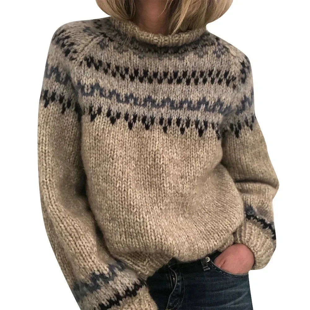 Women's Chunky-Knit Fair-Isle Patterned Jumper – Turtleneck And Long Sleeves
