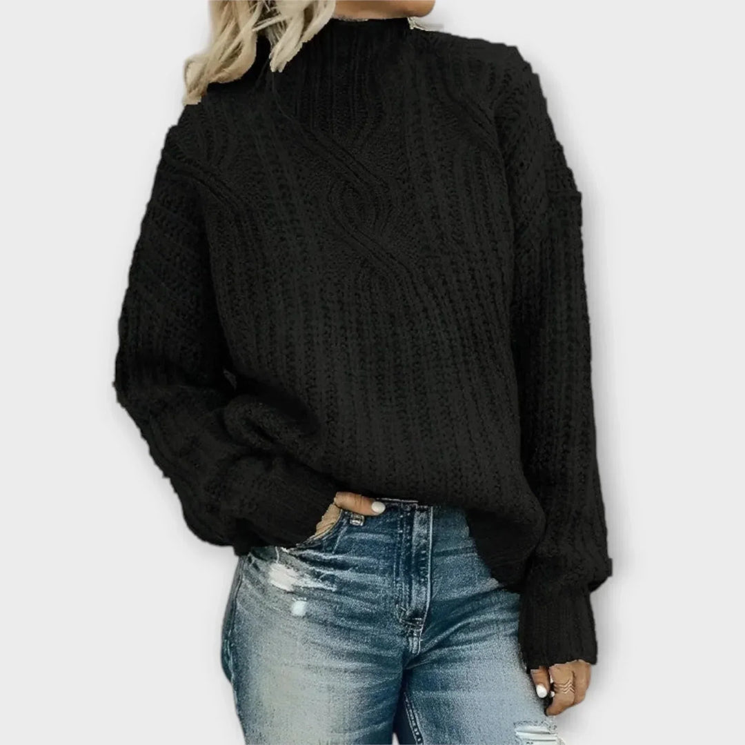Women's Chunky Knit Sweater – Cable Pattern, High-Neck, Oversized Fit