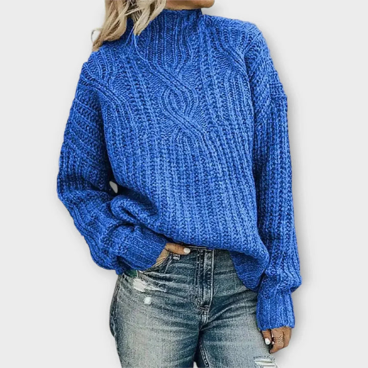 Women's Chunky Knit Sweater – Cable Pattern, High-Neck, Oversized Fit