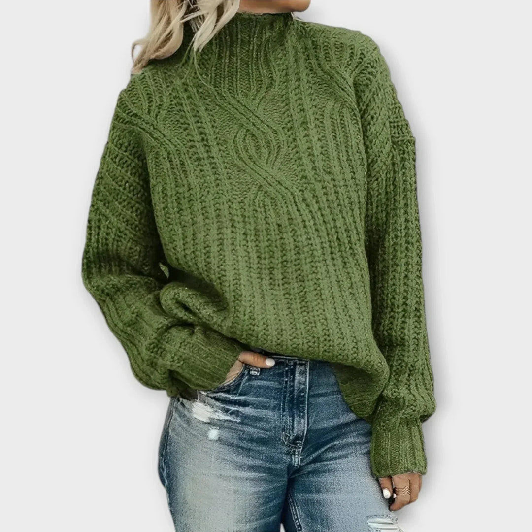 Women's Chunky Knit Sweater – Cable Pattern, High-Neck, Oversized Fit