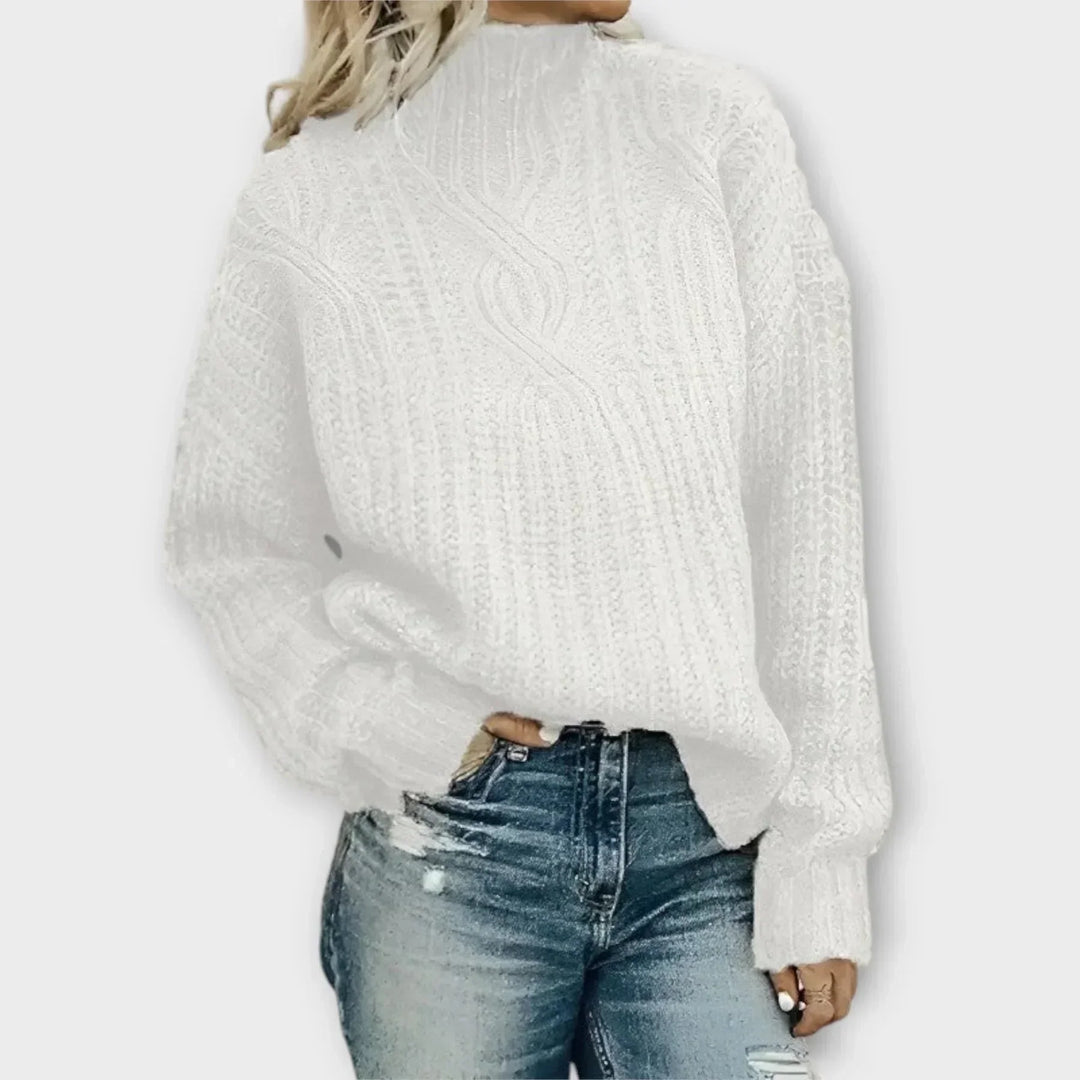 Women's Chunky Knit Sweater – Cable Pattern, High-Neck, Oversized Fit