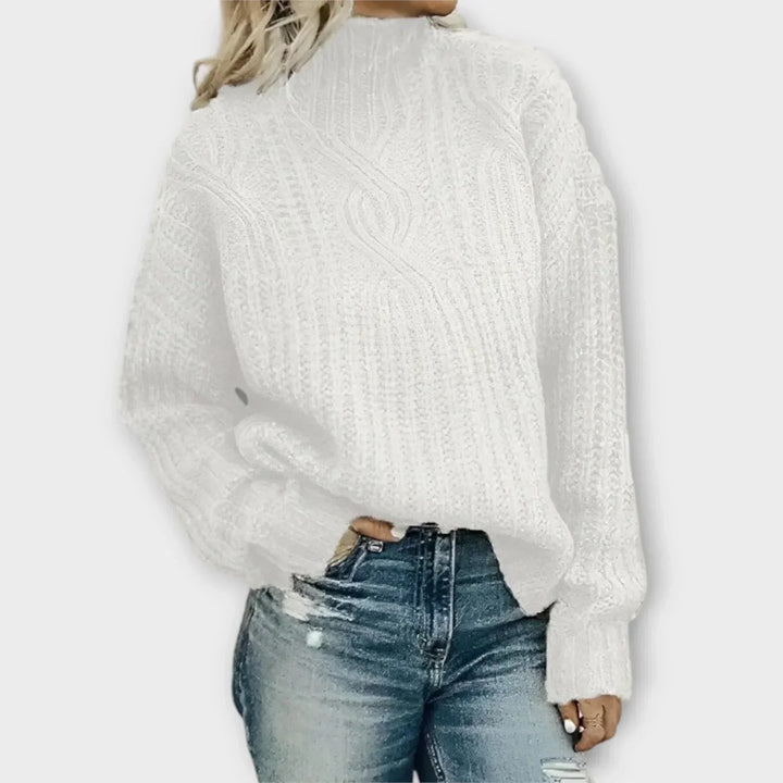Women's Chunky Knit Sweater – Cable Pattern, High-Neck, Oversized Fit