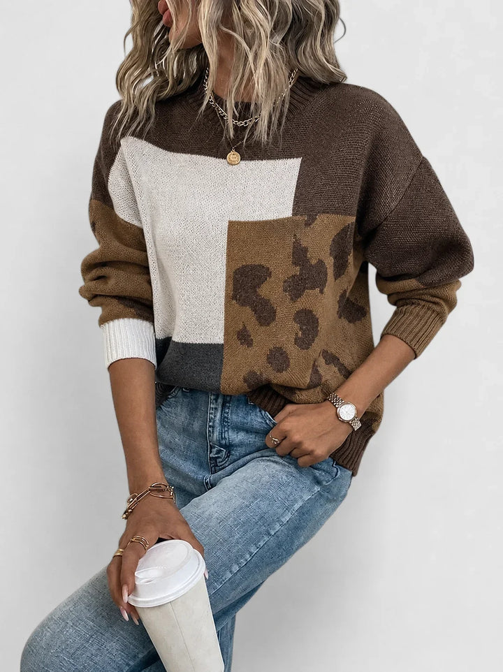 Women's Color Block Animal Print Knit Sweater – Crew Neck