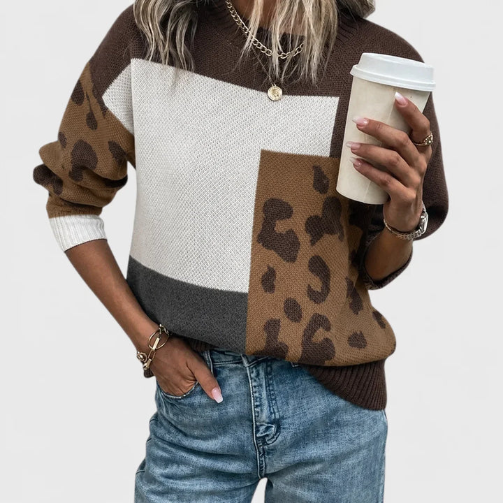 Women's Color Block Animal Print Knit Sweater – Crew Neck