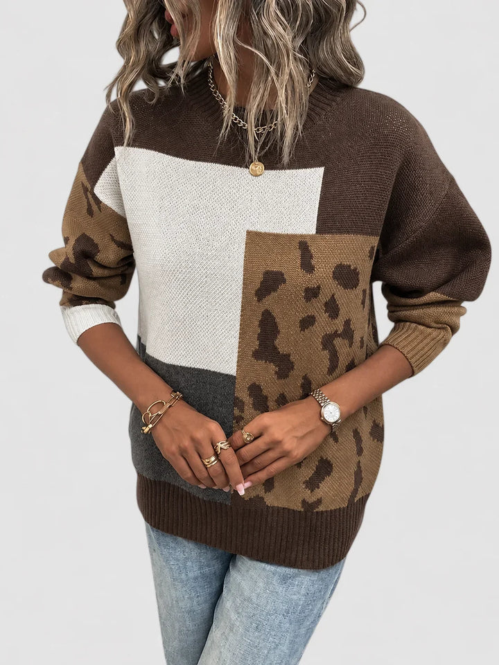 Women's Color Block Animal Print Knit Sweater – Crew Neck