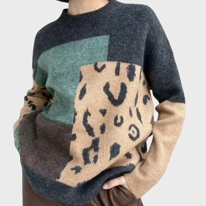 Women's Color Block Animal Print Knit Sweater – Crew Neck