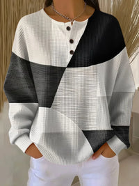 Women's Color-Block Henley Knit Sweater – Waffle Texture And Long Sleeves