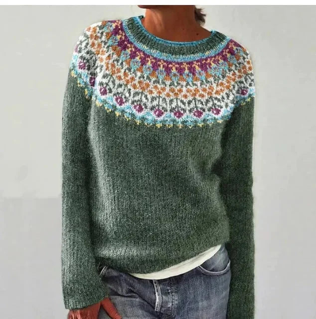 Women's Colorful Fair Isle Pattern Knit Sweater – Boat Neck And Long Sleeves