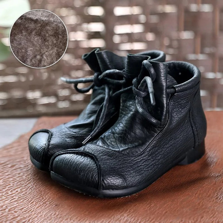 Women's Comfort Leather Ankle Boots – Fuzzy Lining And Lace-Up Closure