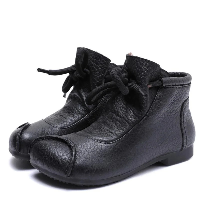 Women's Comfort Leather Ankle Boots – Fuzzy Lining And Lace-Up Closure