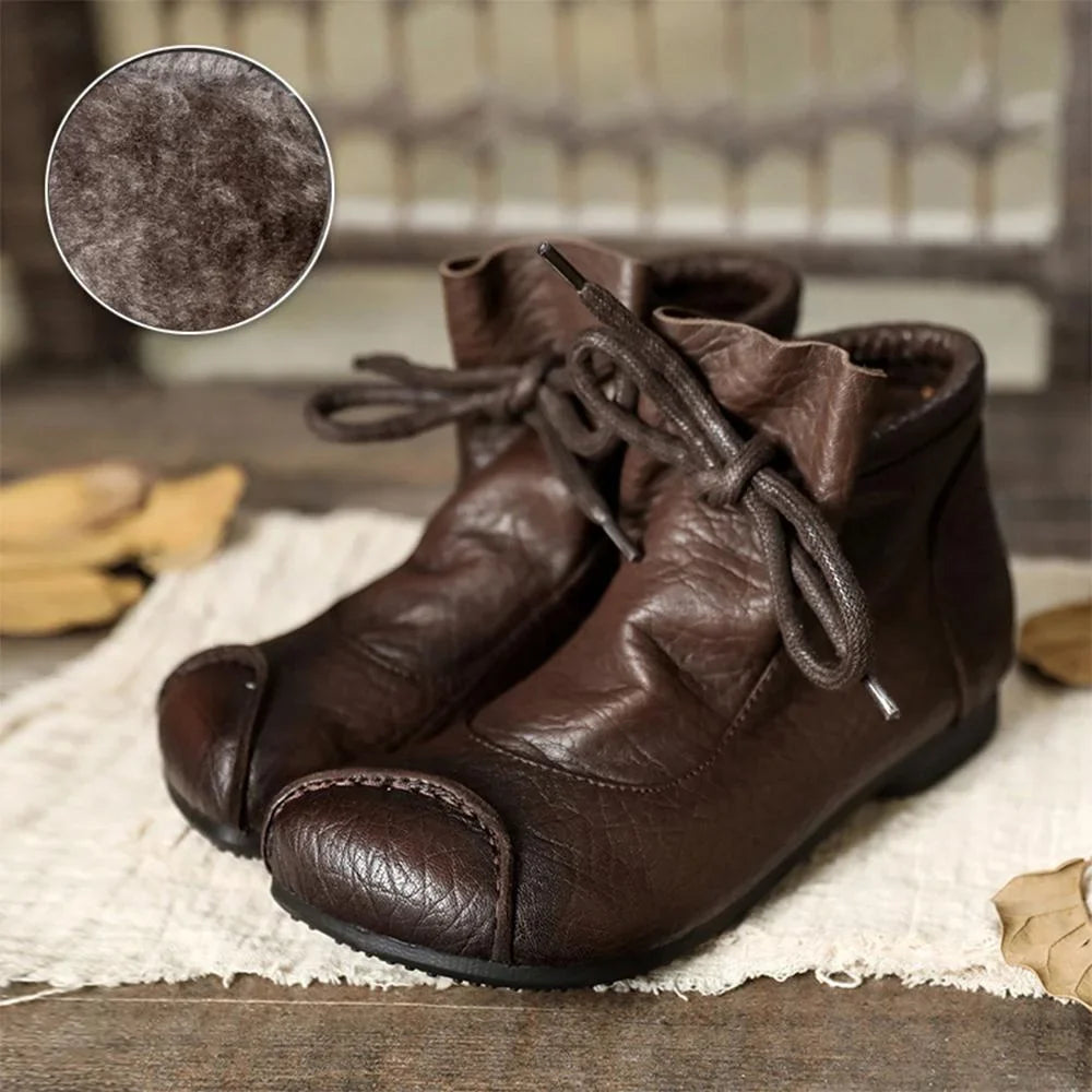 Women's Comfort Leather Ankle Boots – Fuzzy Lining And Lace-Up Closure