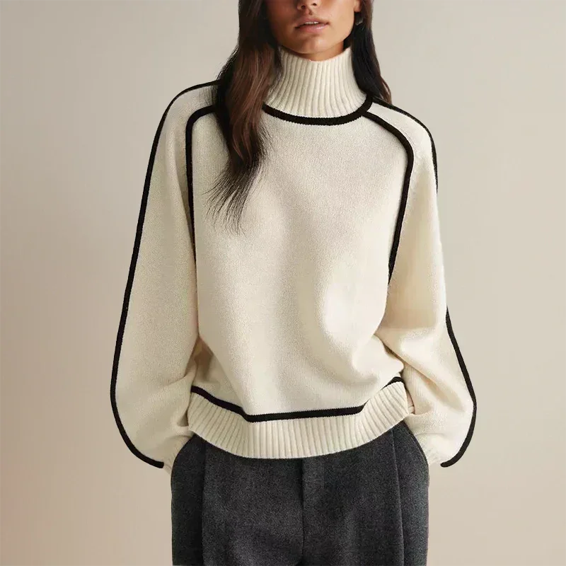 Women's Contrast-Trim Turtleneck Knit Sweater – Dropped Shoulders