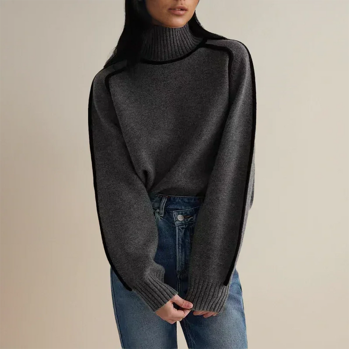 Women's Contrast-Trim Turtleneck Knit Sweater – Dropped Shoulders