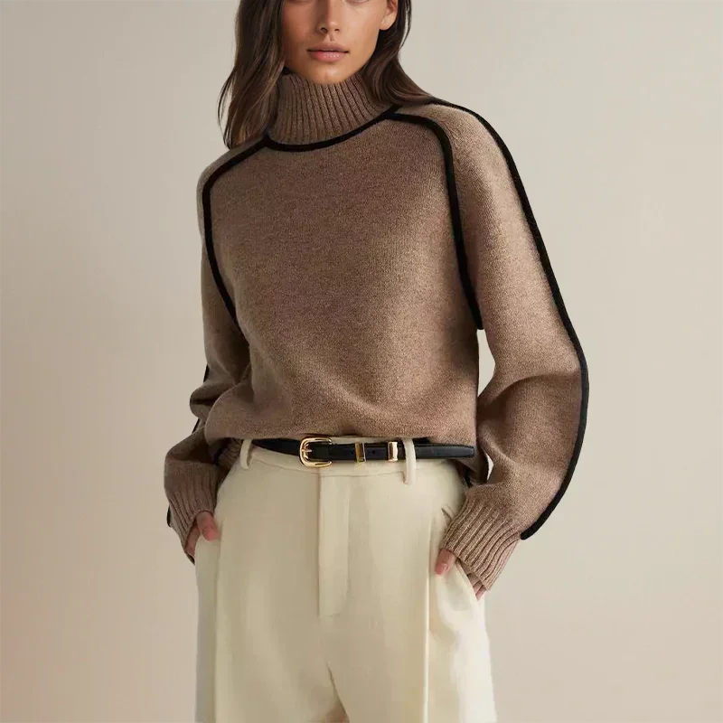 Women's Contrast-Trim Turtleneck Knit Sweater – Dropped Shoulders