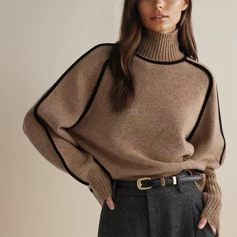 Women's Contrast-Trim Turtleneck Knit Sweater – Dropped Shoulders