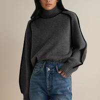 Women's Contrast-Trim Turtleneck Knit Sweater – Dropped Shoulders