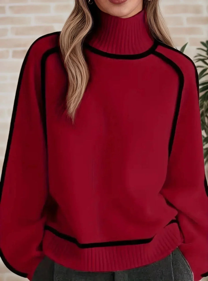 Women's Contrast-Trim Turtleneck Knit Sweater – Dropped Shoulders