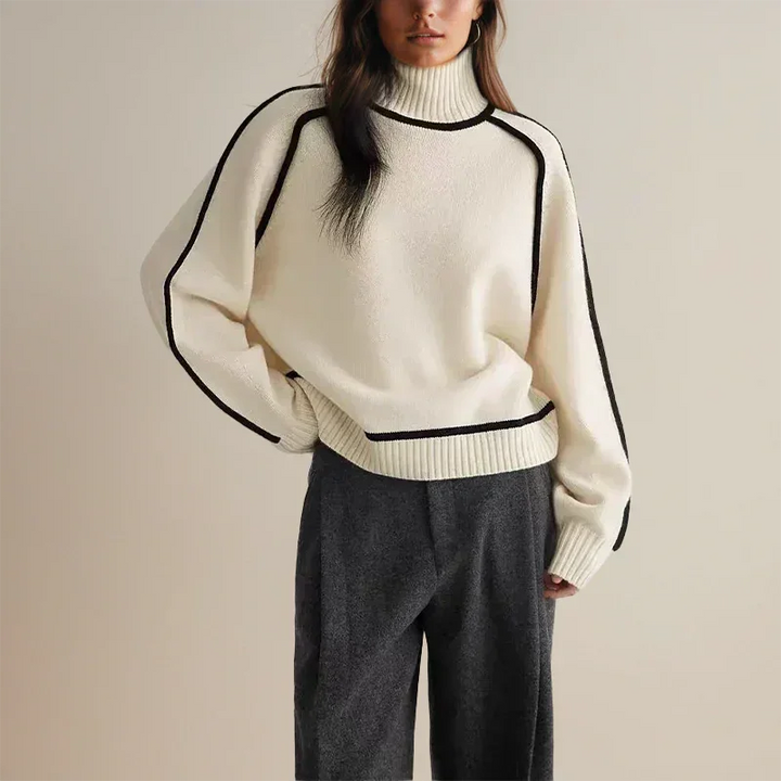 Women's Contrast-Trim Turtleneck Knit Sweater – Dropped Shoulders