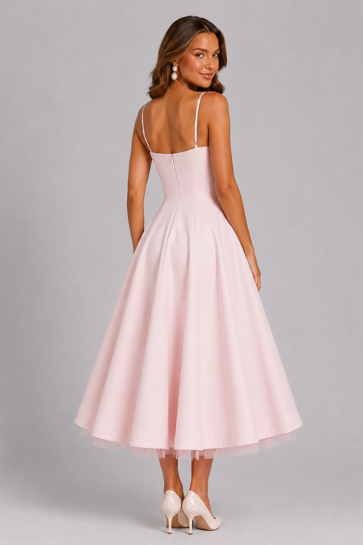 Women's Seraphina – Corset Spaghetti Strap Midi Wedding Guest Dress in Pink | Invictora.com