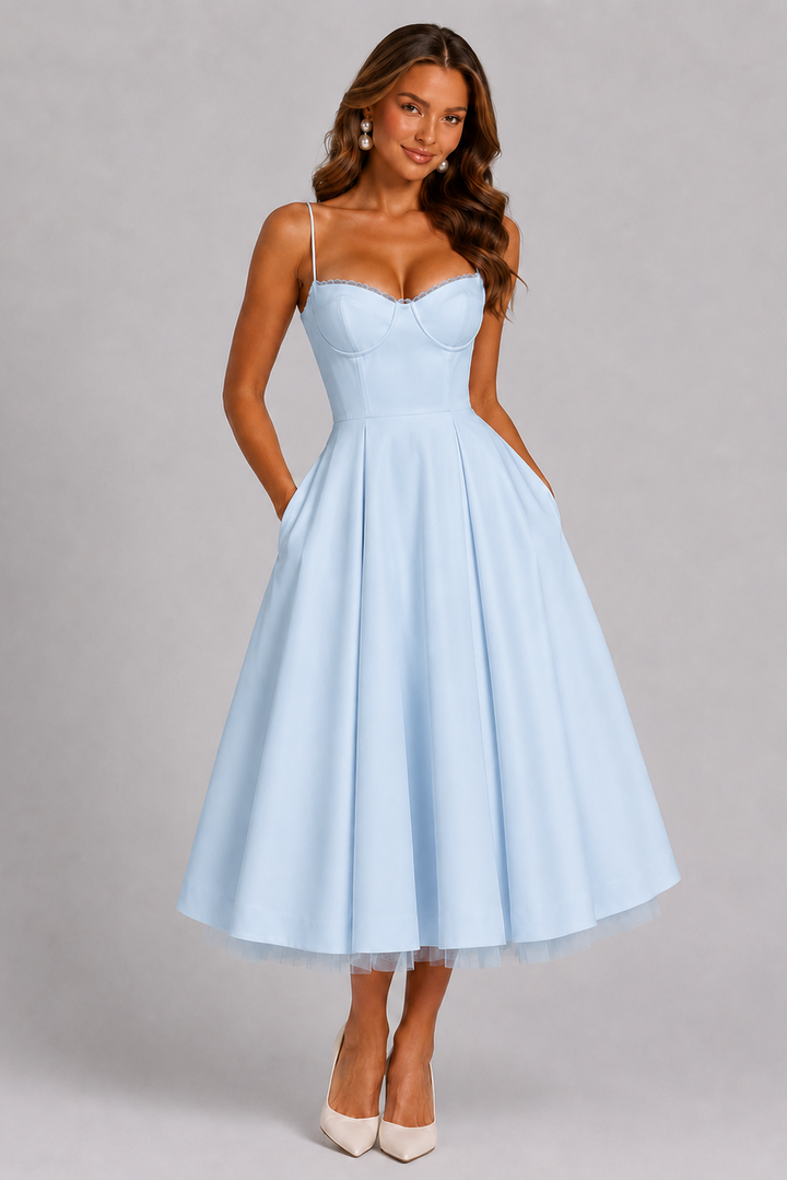 Women's Seraphina – Corset Spaghetti Strap Midi Wedding Guest Dress | Invictora.com