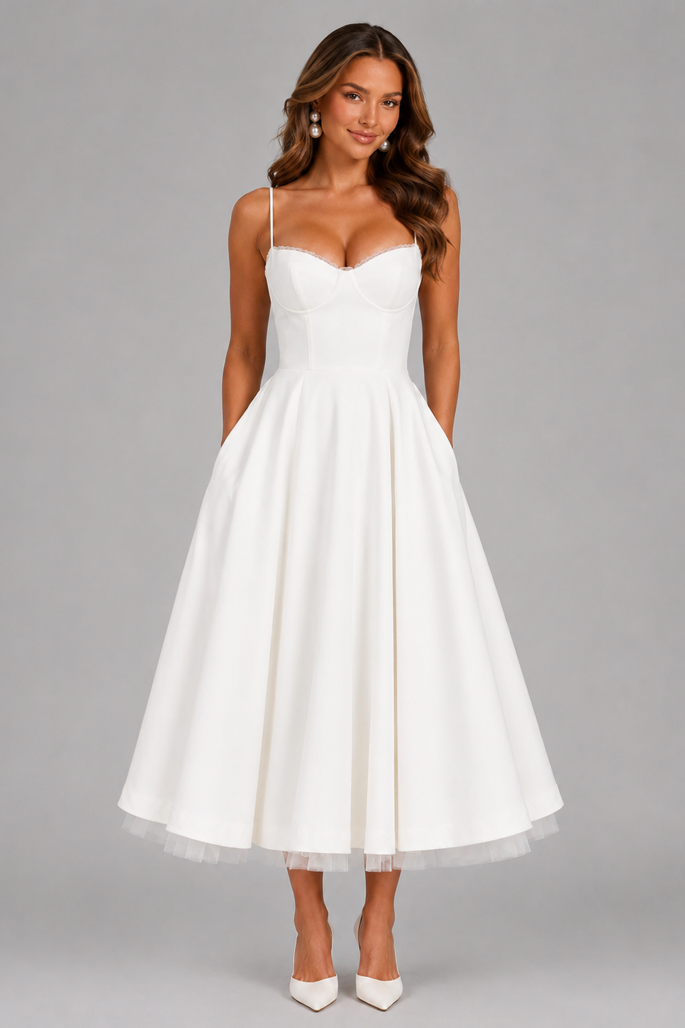 Women's Seraphina – Corset Spaghetti Strap Midi Wedding Guest Dress in Light Blue | Invictora.com
