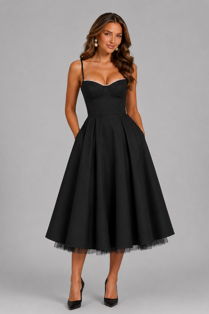 Women's Seraphina – Corset Spaghetti Strap Midi Wedding Guest Dress in Light Blue | Invictora.com
