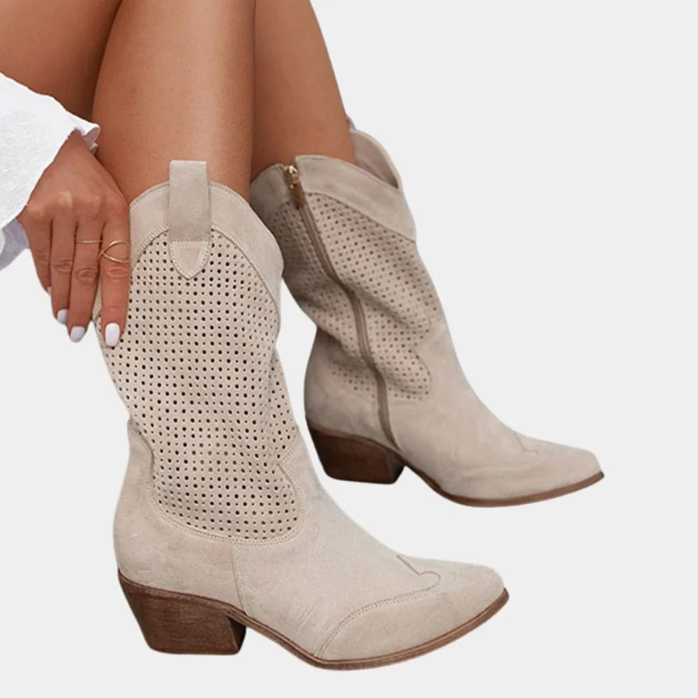 Women's Cowboy Style Perforated Mid-Calf Boots – Pointed Toe And Block Heel