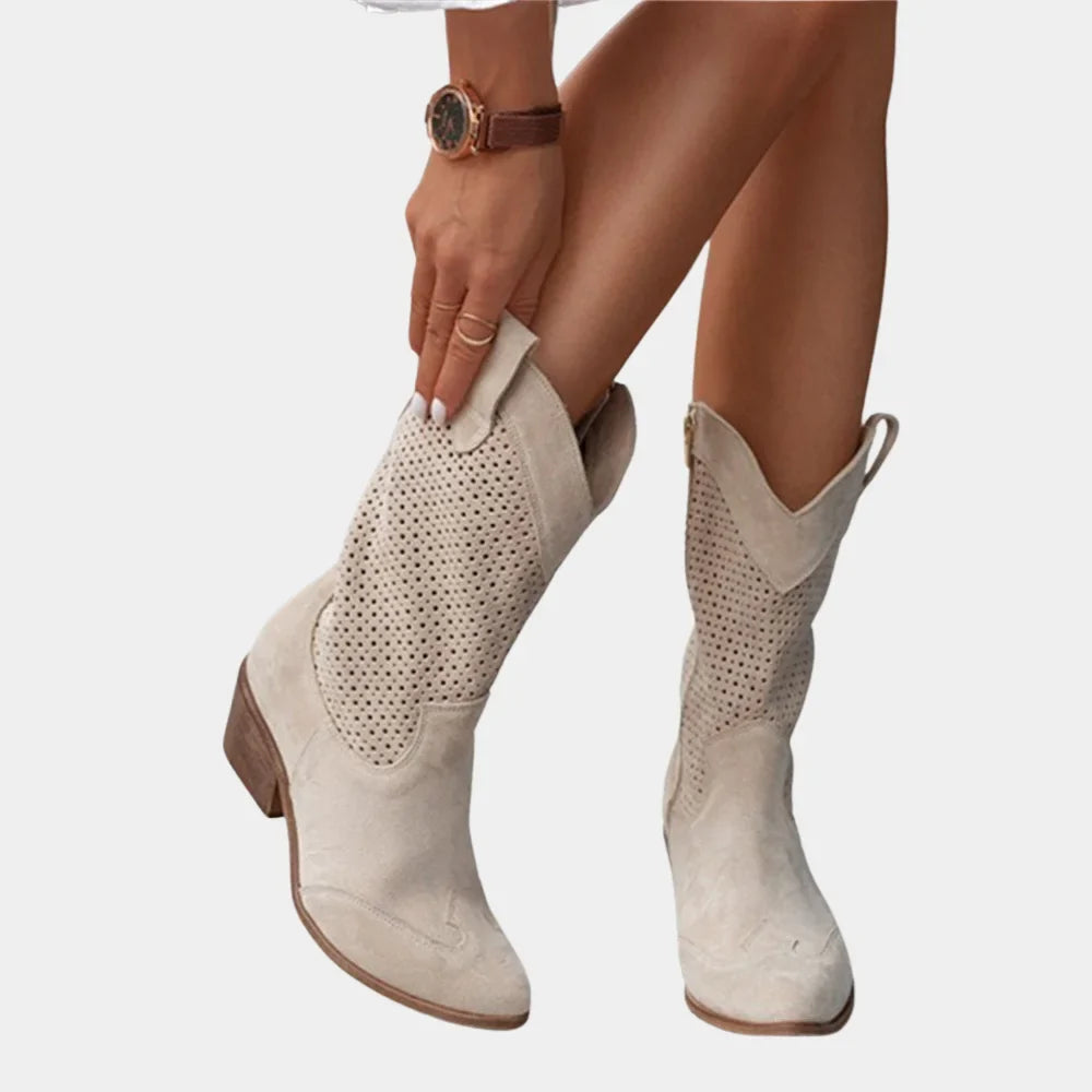 Women's Cowboy Style Perforated Mid-Calf Boots – Pointed Toe And Block Heel