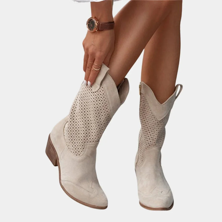 Women's Cowboy Style Perforated Mid-Calf Boots – Pointed Toe And Block Heel