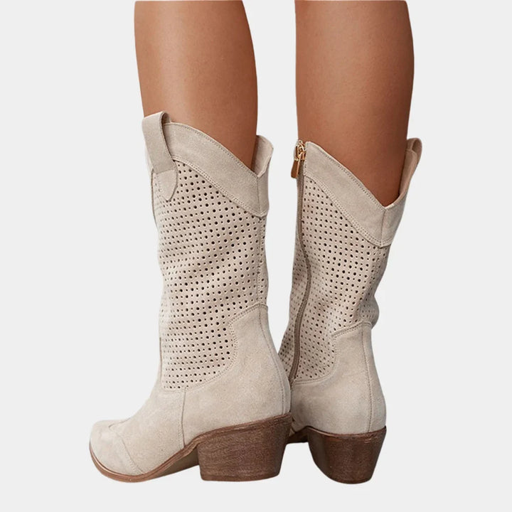 Women's Cowboy Style Perforated Mid-Calf Boots – Pointed Toe And Block Heel