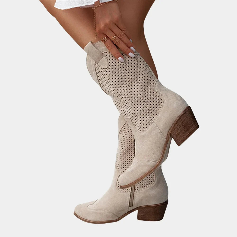 Women's Cowboy Style Perforated Mid-Calf Boots – Pointed Toe And Block Heel