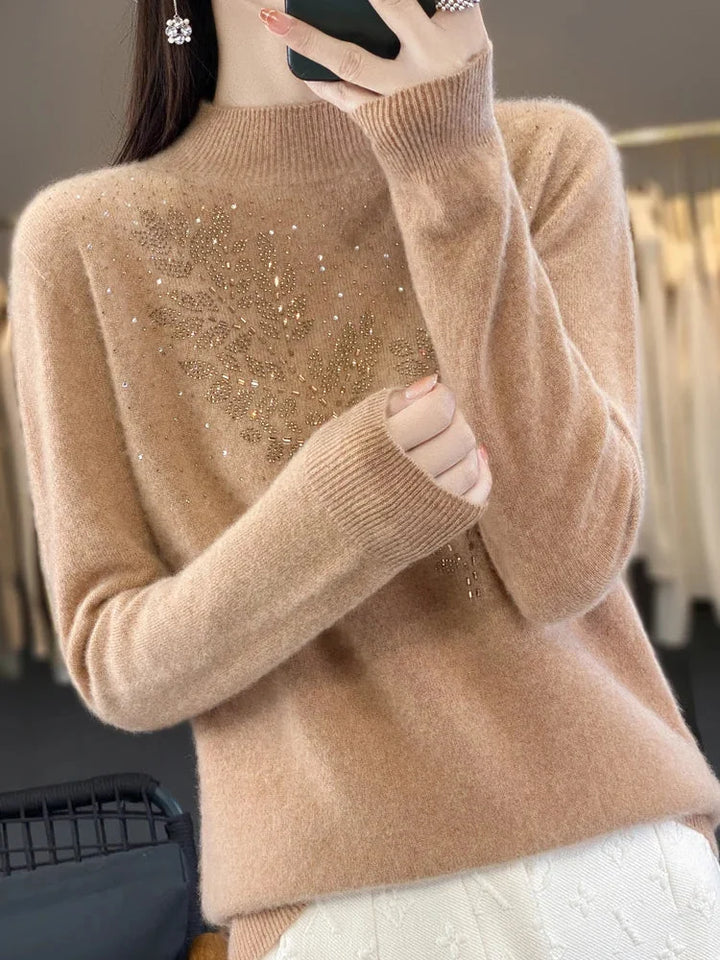 Women's Cream Rhinestone-Leaf-Pattern Knit Sweater – Mock-Neck Long-Sleeves