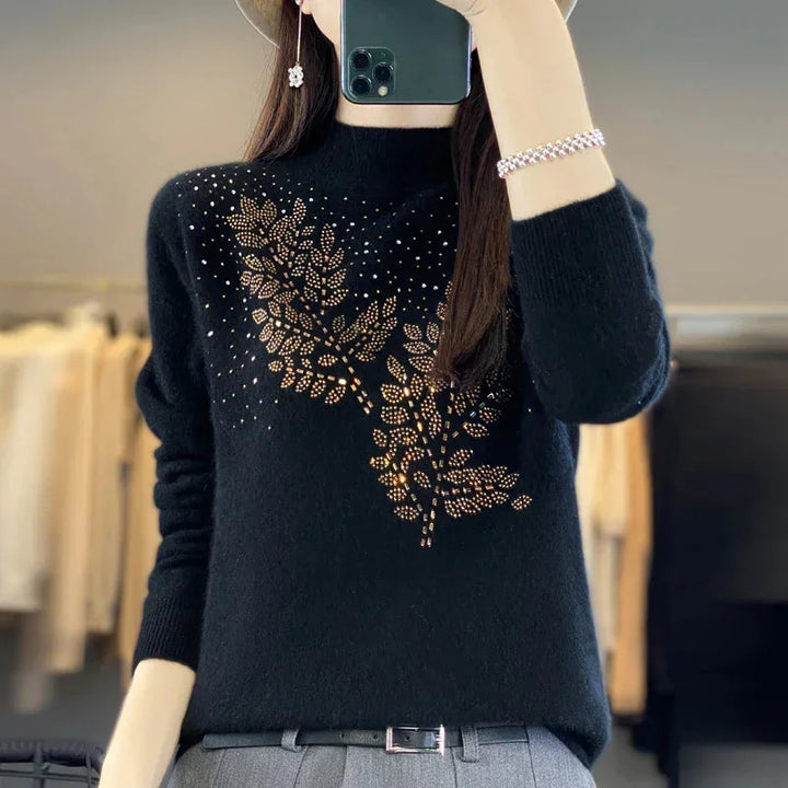 Women's Cream Rhinestone-Leaf-Pattern Knit Sweater – Mock-Neck Long-Sleeves